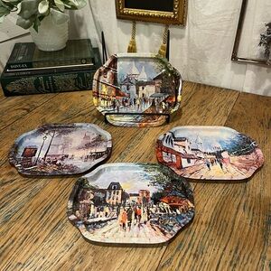 Set of 4 Vintage Paris Scene Metal Trays – Montmartre, Seine & City Views